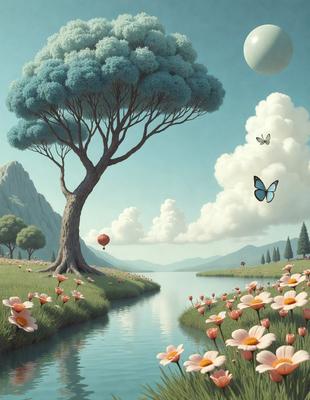 The primary subject of the image is a tree with a butterfly flying around it. The tree is located in a field with a body of water nearby. The setting appears to be a peaceful, natural environment. The visual style of the image is digital art, as it is a detailed and colorful illustration. The dominant colors in the image are shades of pink, which create a warm and inviting atmosphere.